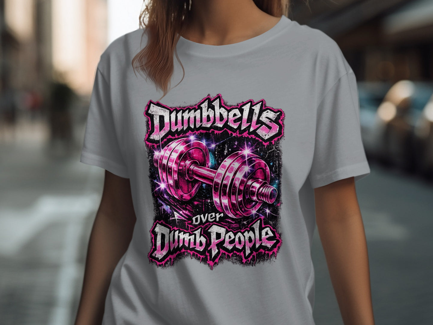Gray t-shirt with "Dumbbells over Dumb People" and dumbbell graphic.