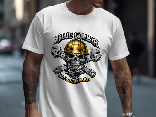 Skull with wrenches and "Blue Collar Gold Standard" logo on white t-shirt.