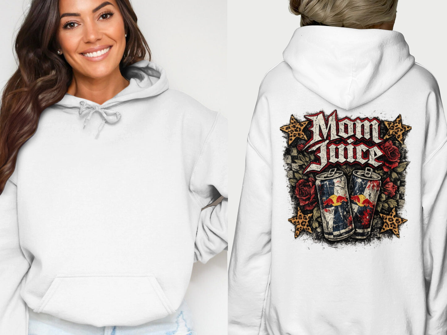 White hoodie with "Mom Juice" design featuring energy drink cans and roses.