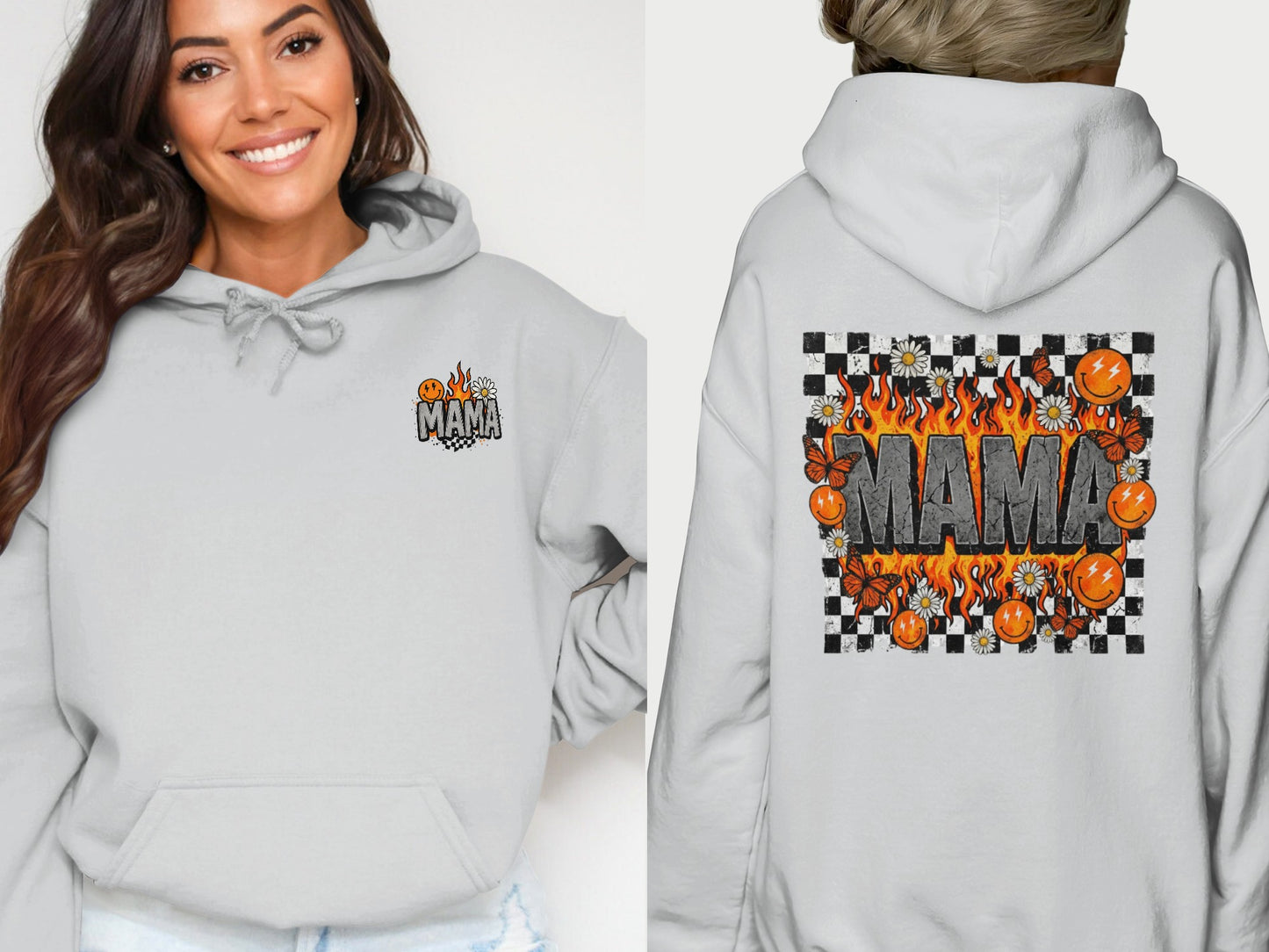 Gray hoodie with "Mama" text, flames, butterflies, and checkered pattern.