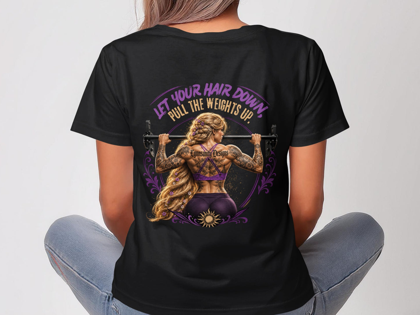 Woman with tattooed back lifting weights, text reads "Let your hair down, pull the weights up."