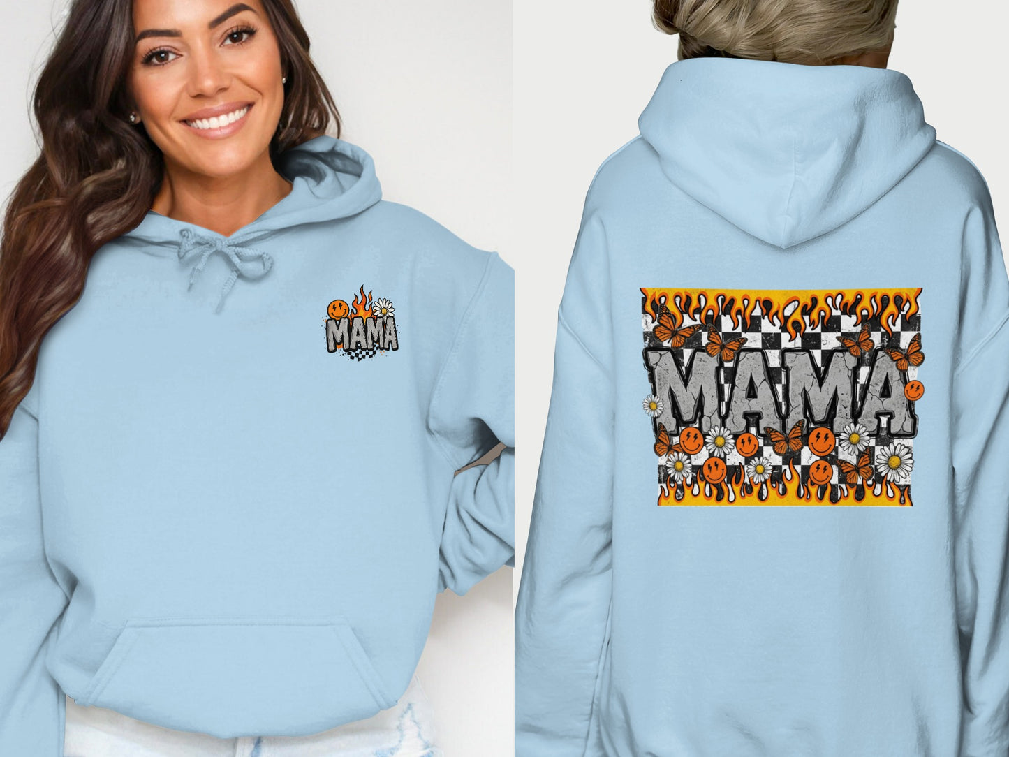 Light blue hoodie with "MAMA" text and checkered, floral, and fire graphics.