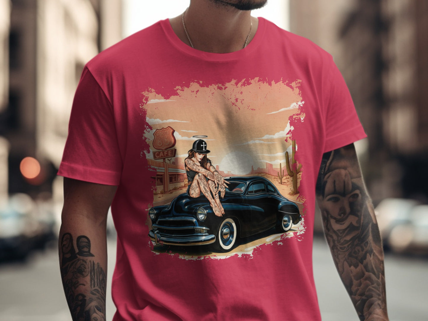 Tattooed woman poses on a classic car with Route 66 background.