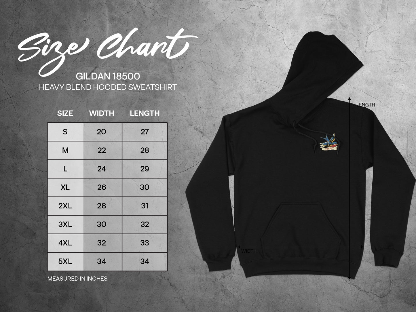GILDAN 18500 HOODED SWEATSHIRT SIZE CHART TRASHY product type