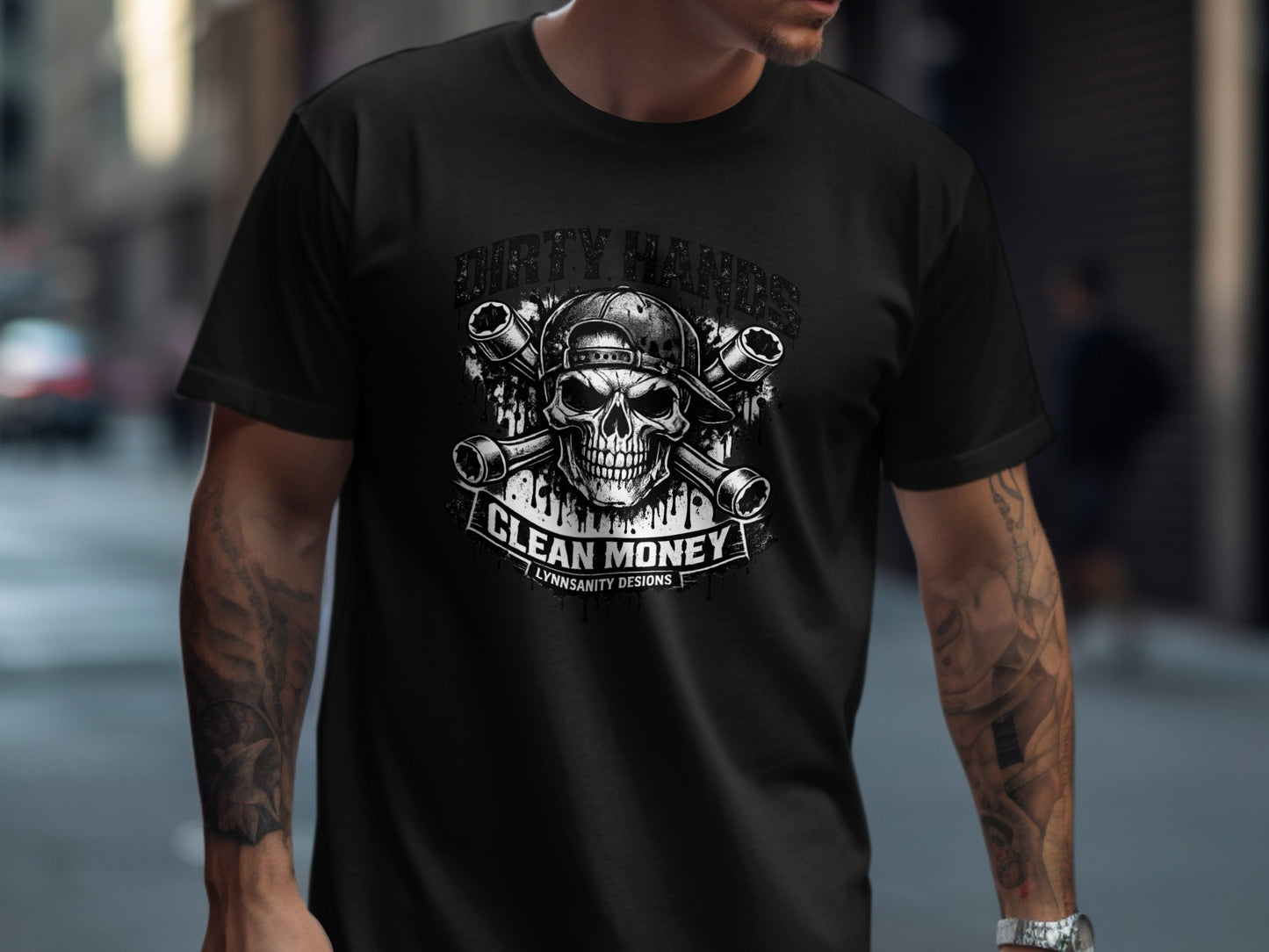 Black t-shirt with a skull, crossed wrenches, and "Dirty Hands Clean Money" text.