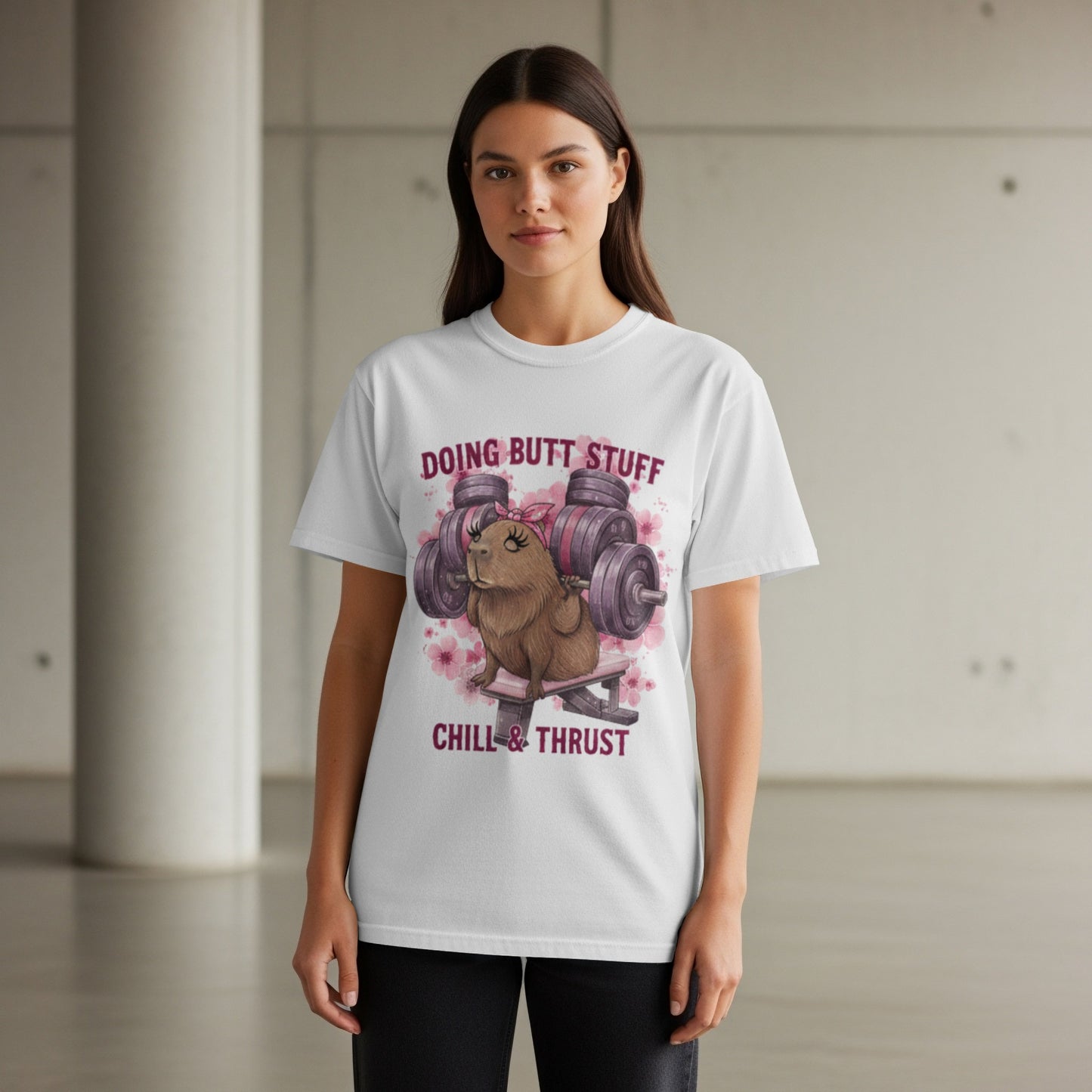 Capybara lifting weights with text "Doing Butt Stuff Chill & Thrust".