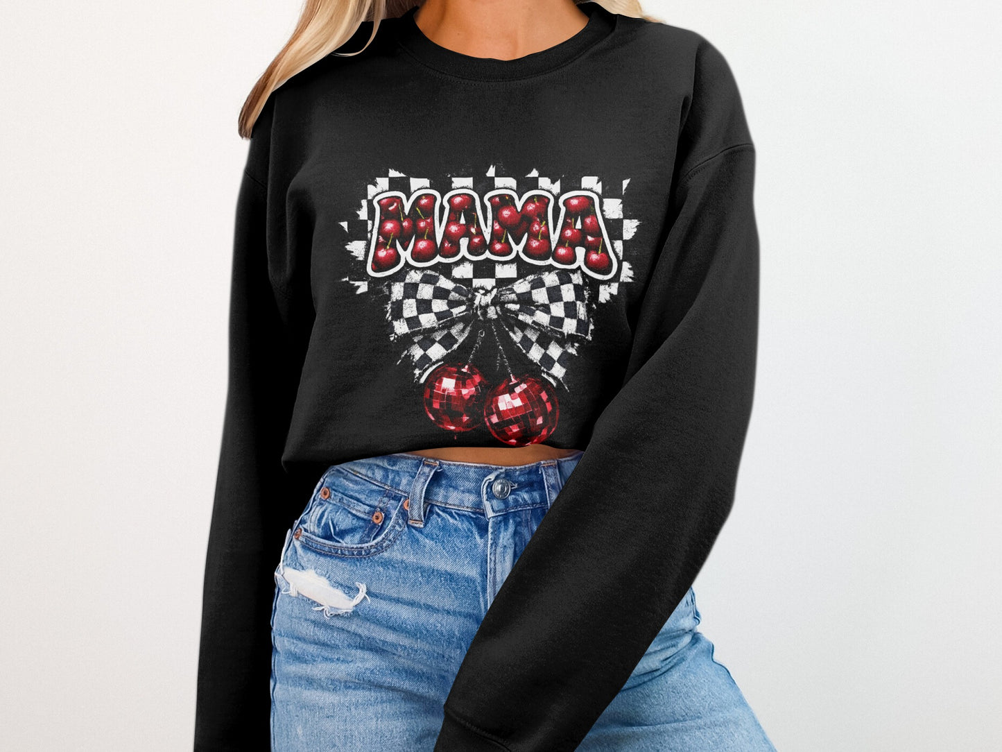 Black sweatshirt with "Mama" in red checkered letters and cherry details.