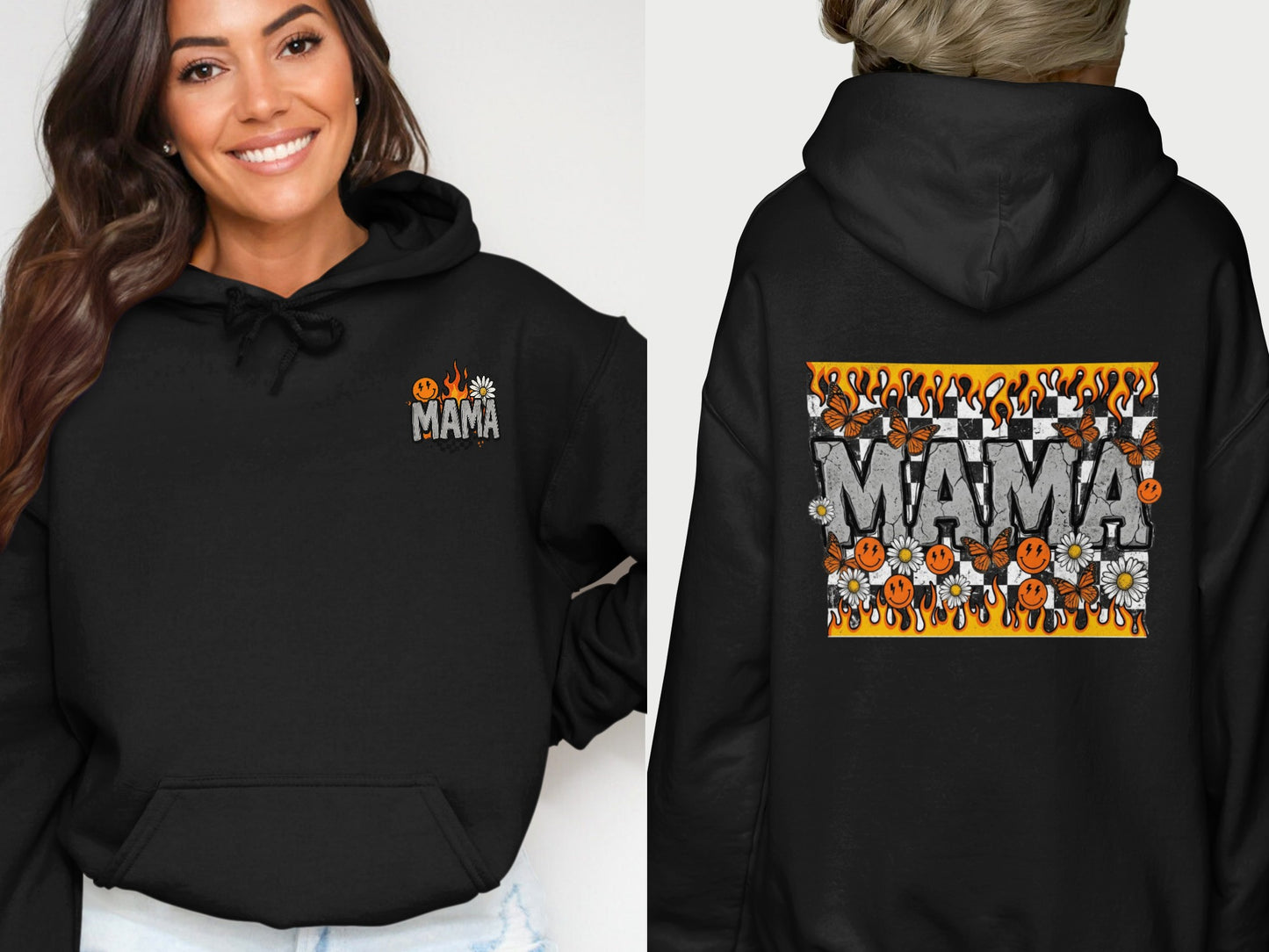 Black hoodie with "MAMA" graphic on front, butterfly and flower pattern on back.