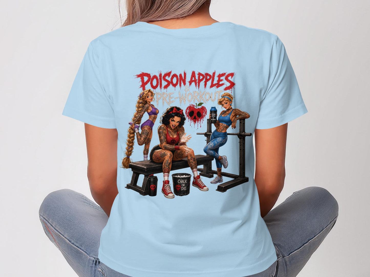 Light blue t-shirt featuring Poison Apples Pre-Workout graphic with tattooed women.
