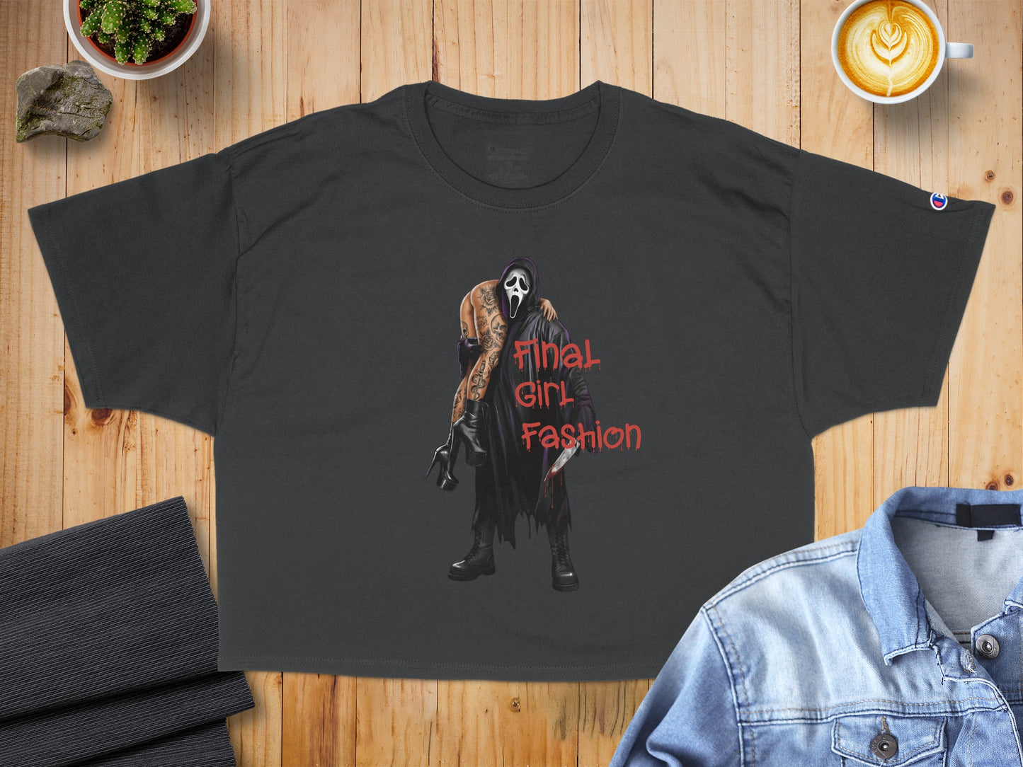 Dark t-shirt with Ghostface carrying a woman, "Final Girl Fashion" text.