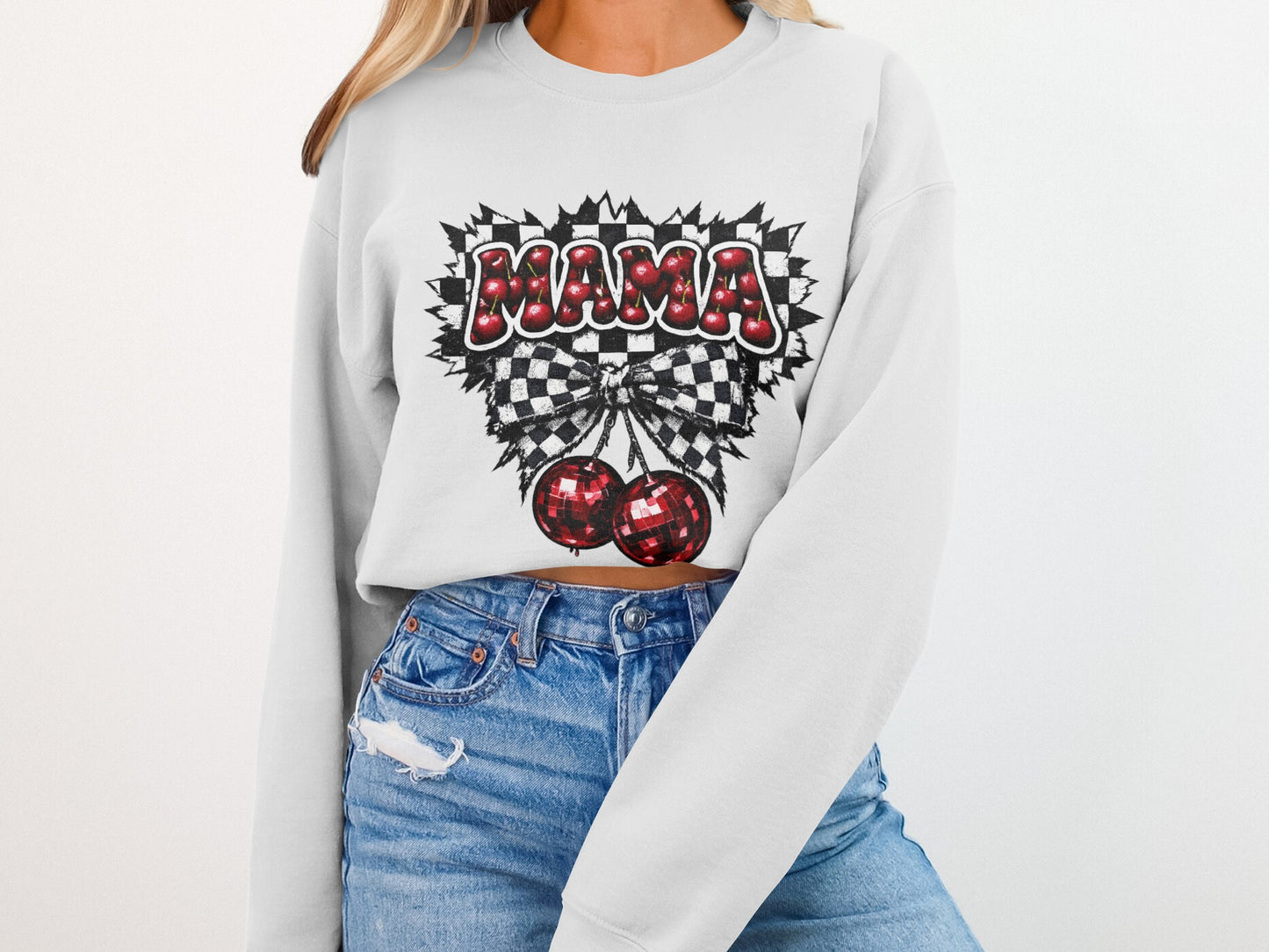 White sweatshirt with "MAMA" in checkered text and cherry graphic.