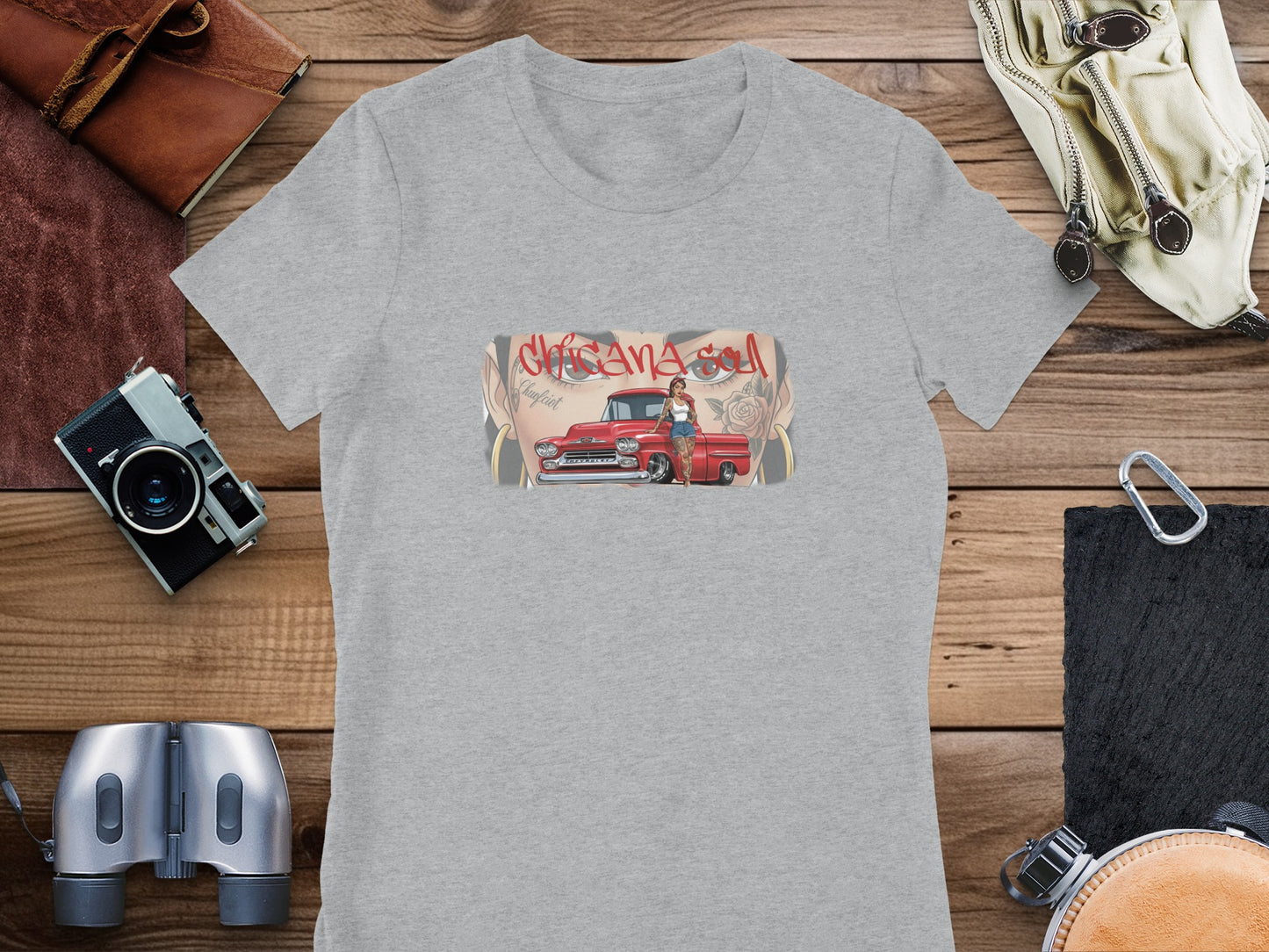 Grey t-shirt with vintage red truck and pin-up girl graphic.