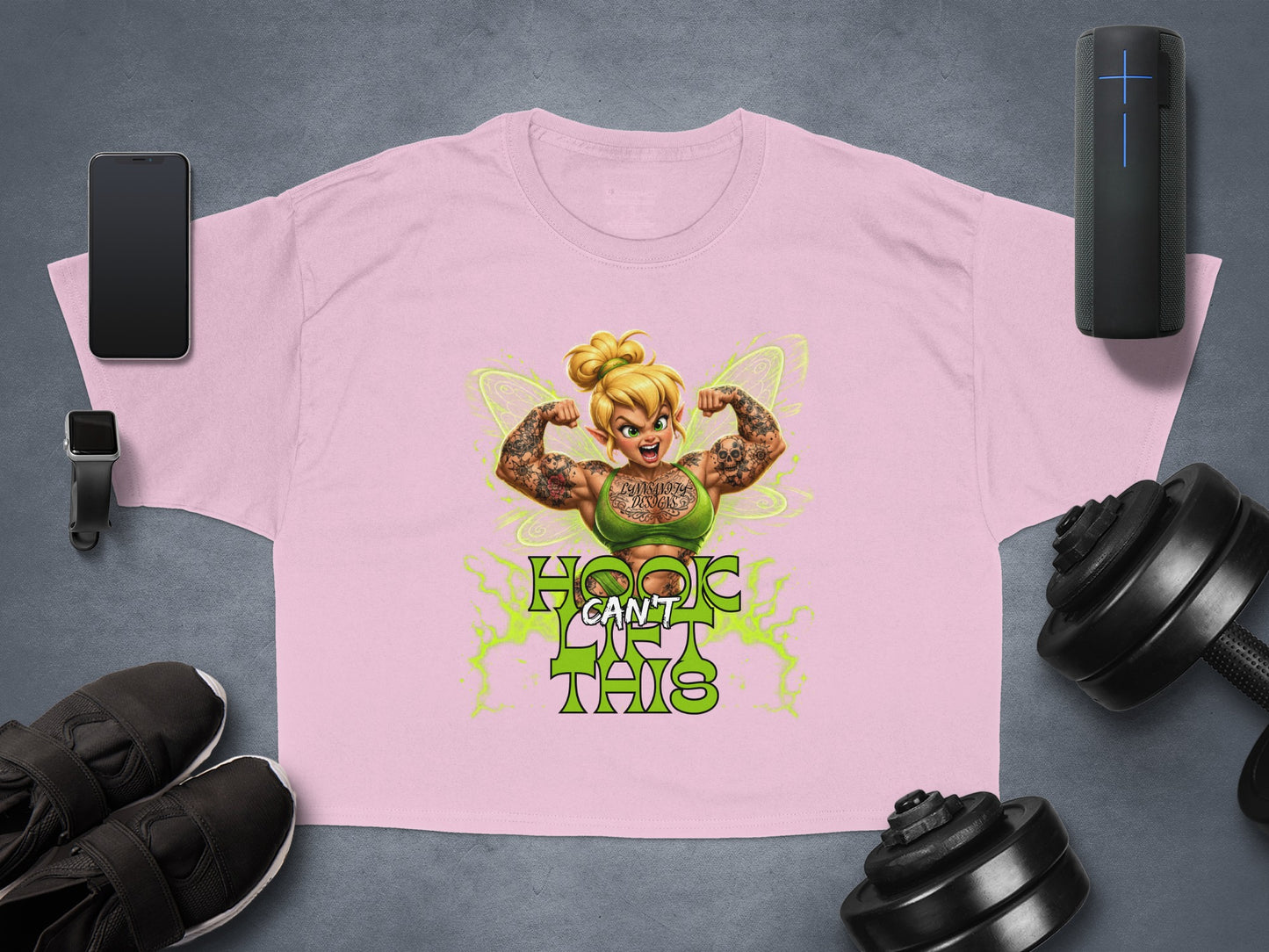 Pink t-shirt with tattooed Tinkerbell flexing and text "HOOT CAN'T THIS".