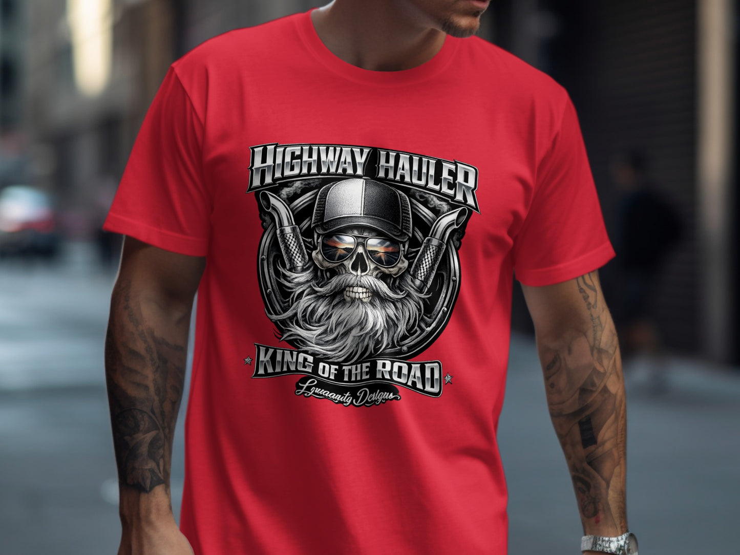 Red t-shirt with "Highway Hauler King of the Road" graphic featuring a skull with sunglasses.