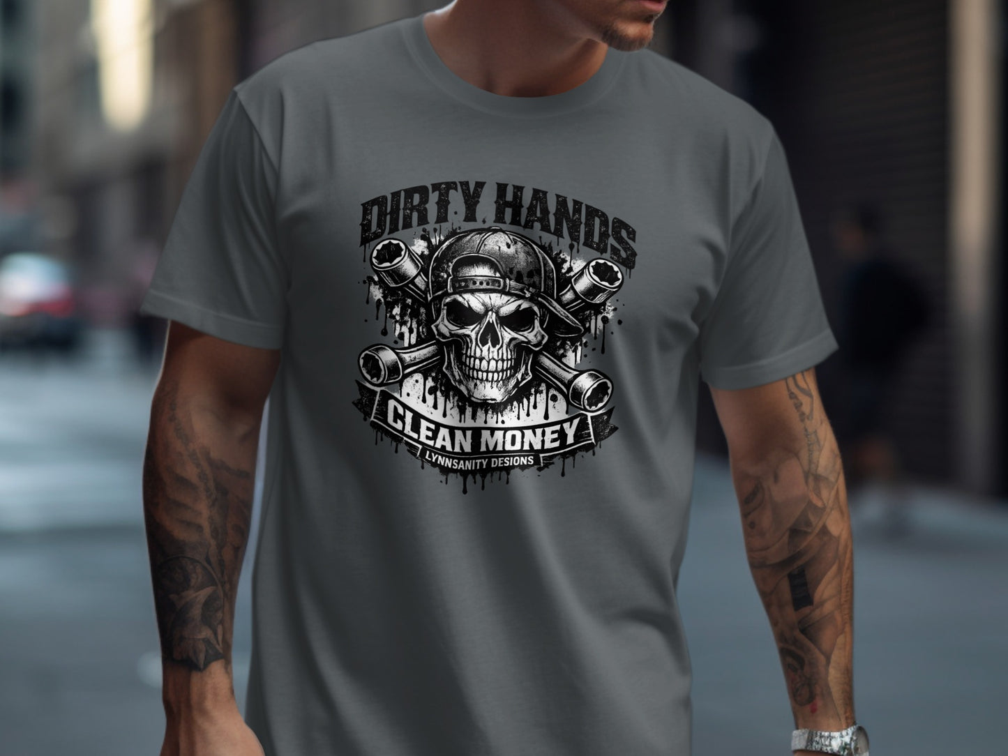 Skull with crossed wrenches, Dirty Hands Clean Money text, on gray t-shirt.