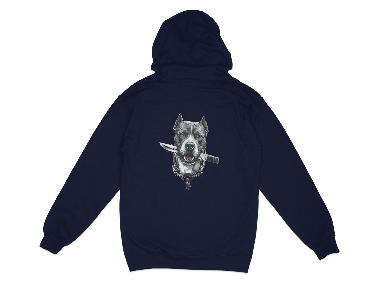 Navy hoodie with a pit bull dog's head wearing a spiked collar, biting a knife.