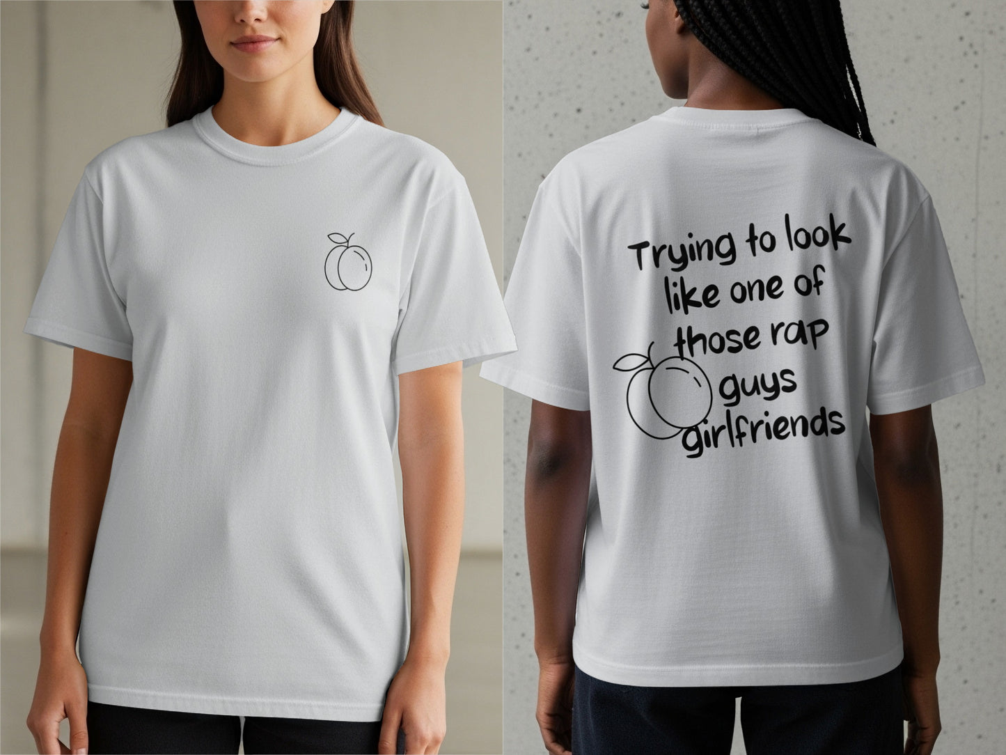 White t-shirt with peach graphic and rap lyrics on back.