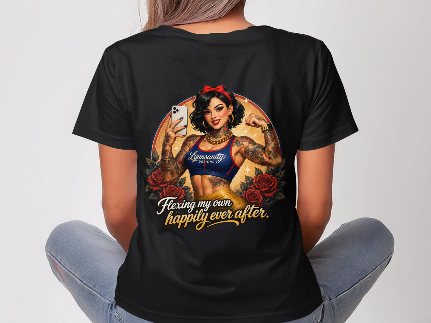 Woman in black t-shirt flexing, inspired by Snow White, with tattoos.