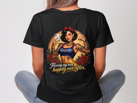 Woman in black t-shirt flexing, inspired by Snow White, with tattoos.