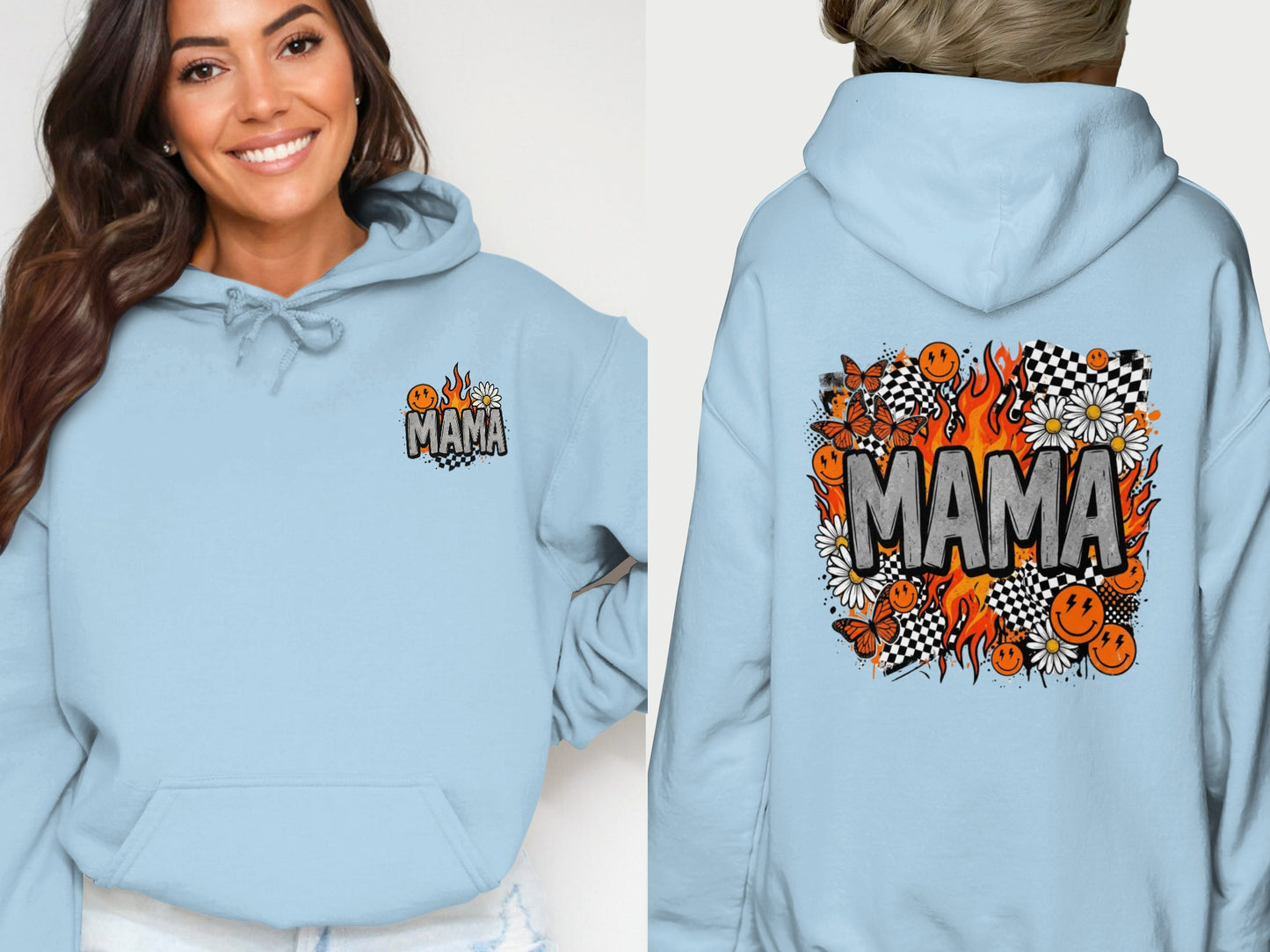 Light blue hoodie with "MAMA" graphic featuring flames, smiley faces, and butterflies.