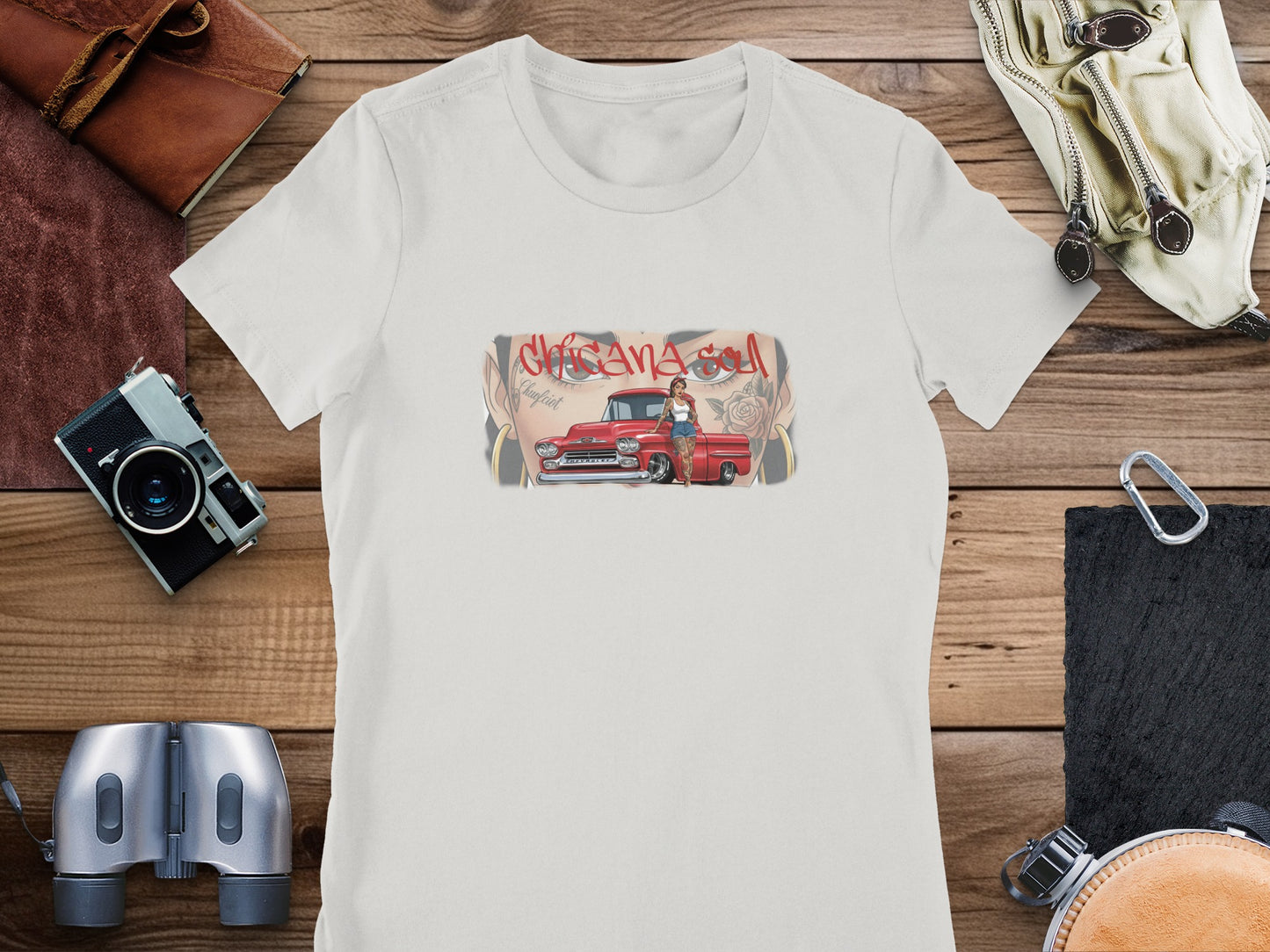 Red vintage truck and woman graphic on white t-shirt.