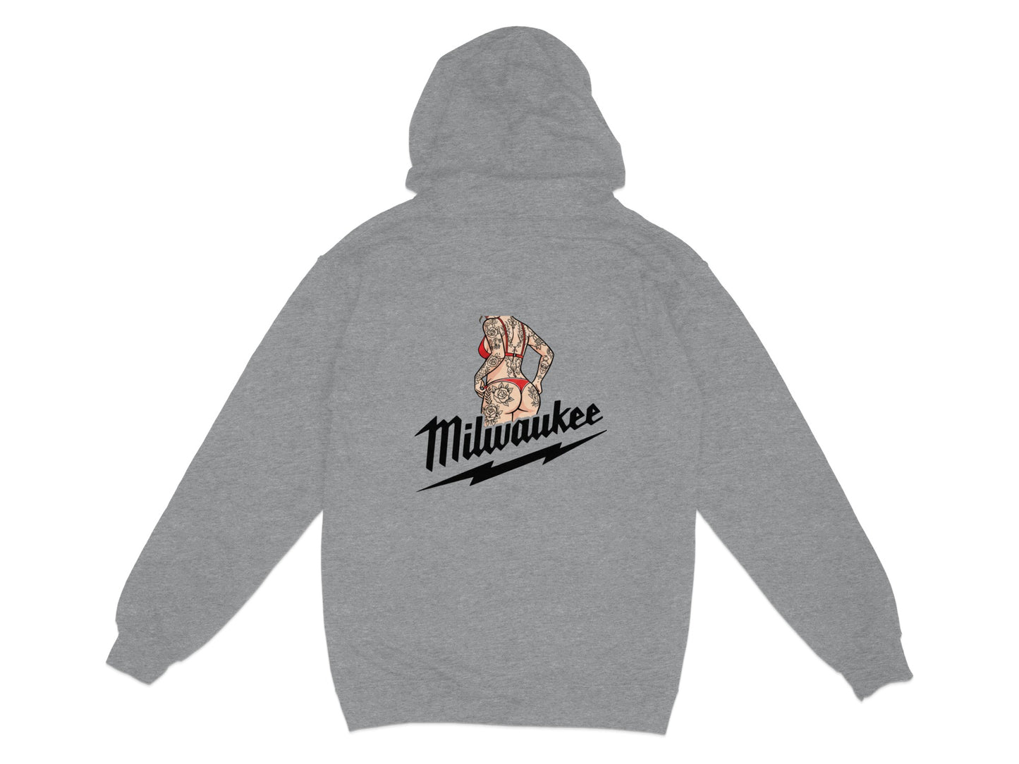 Grey hoodie with "Milwaukee" text and a tattooed woman graphic on the back.