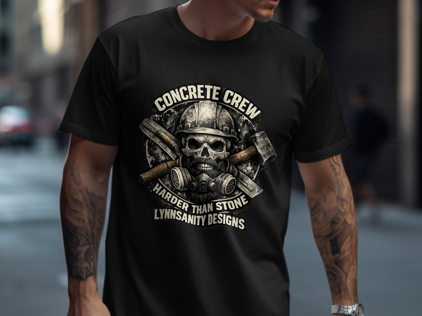 Skull with hard hat, mask, and tools, "Concrete Crew Harder Than Stone"