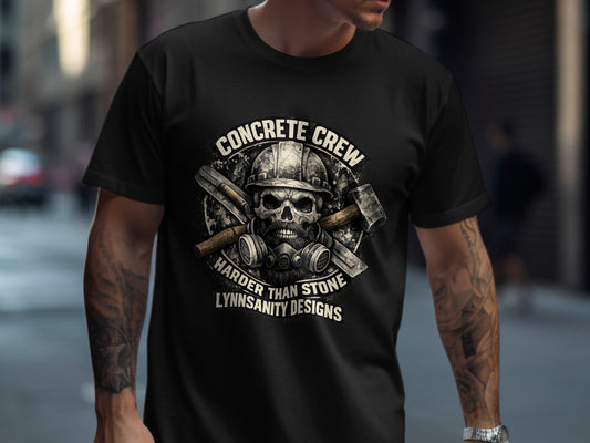 Skull with hard hat, mask, and tools, "Concrete Crew Harder Than Stone"