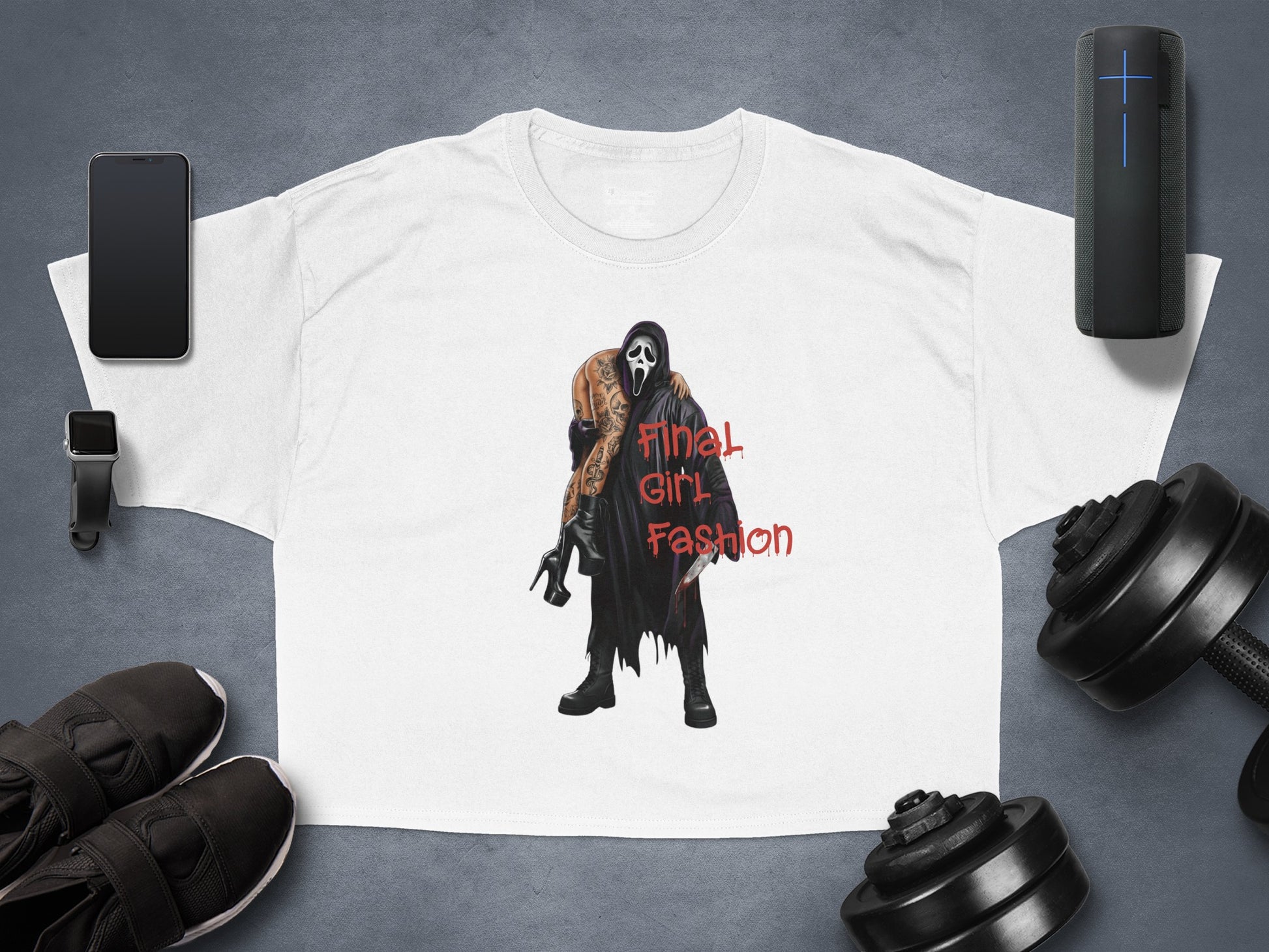 White t-shirt with Ghostface carrying a woman, "Final Girl Fashion" text.