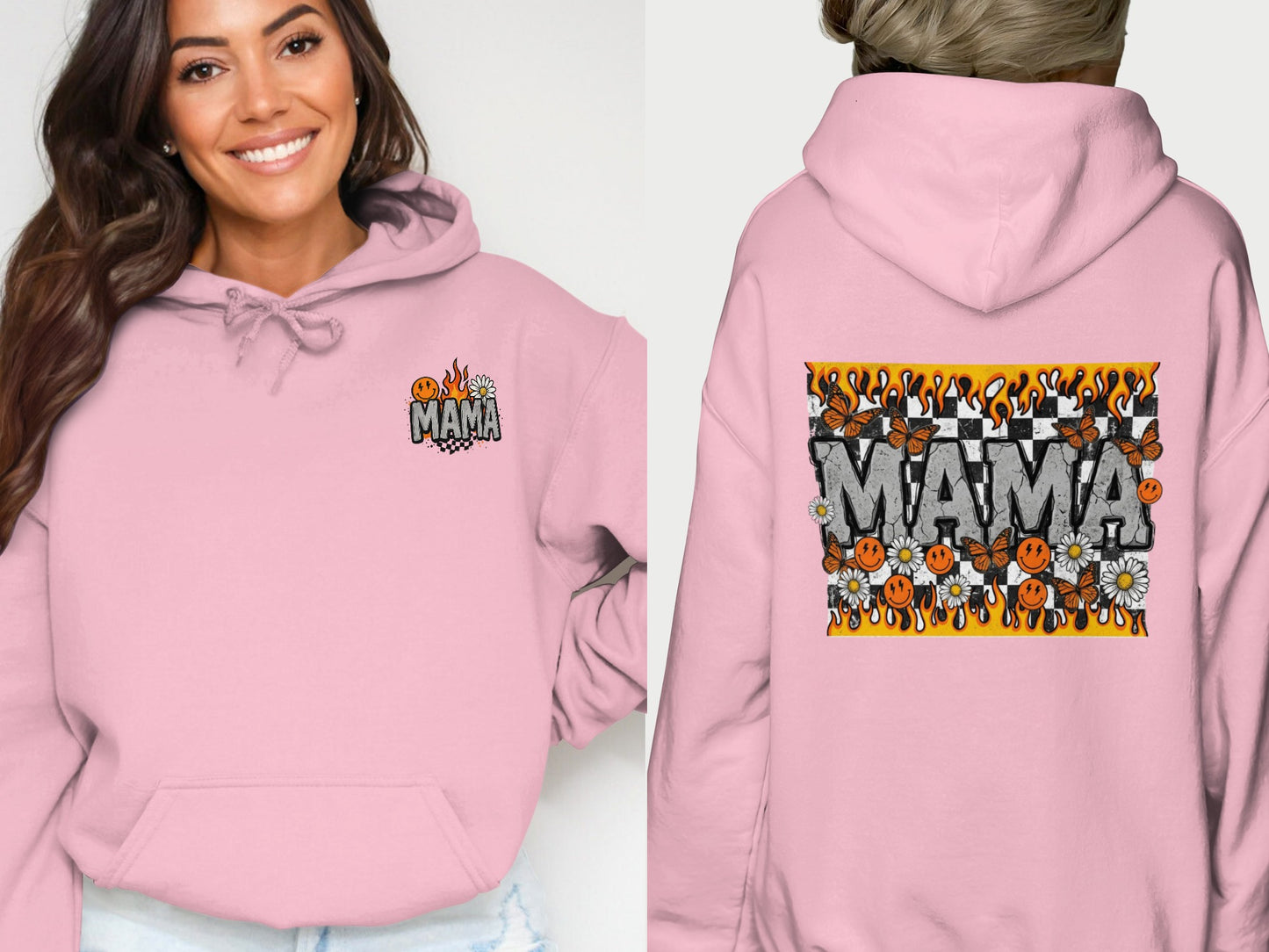 Pink hoodie with "Mama" text and checkered flame graphic.