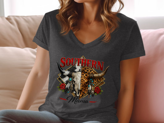 Dark gray v-neck t-shirt with a Southern Mama bull skull graphic.