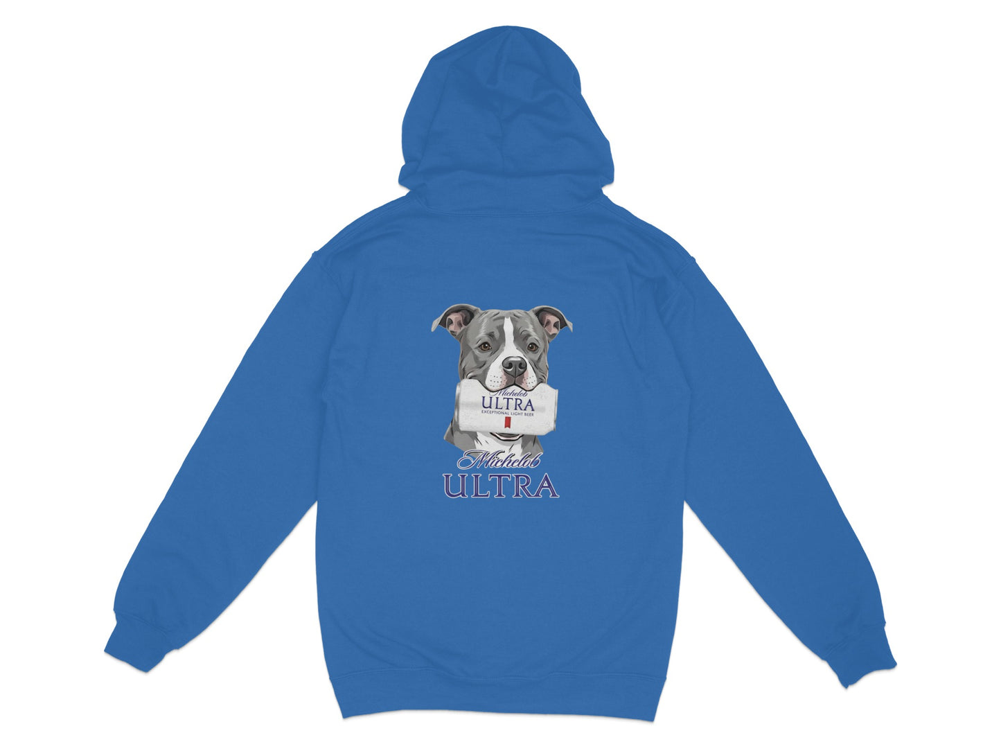 Blue hoodie with a pit bull holding a Michelob ULTRA can.