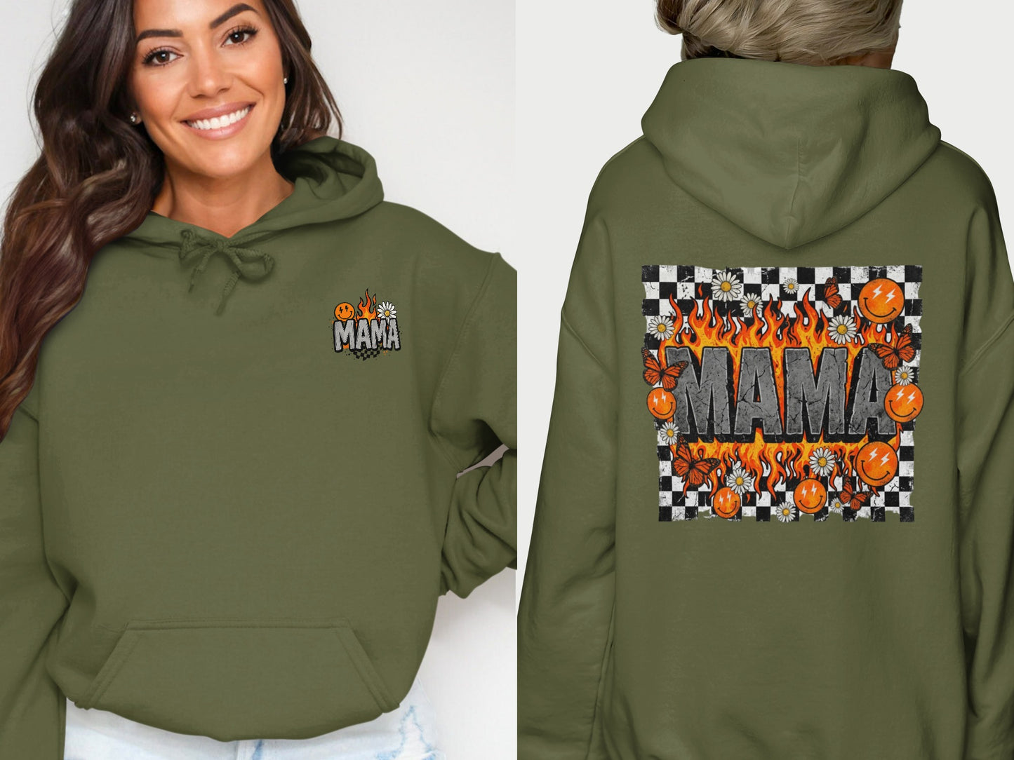 Green hoodie with "MAMA" graphic, flames, checkerboard, and butterflies.