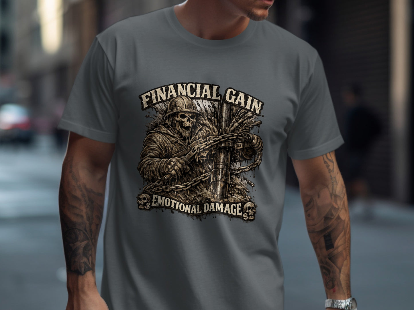 Dark t-shirt graphic with skull in helmet and chains, "Financial Gain Emotional Damage" text.