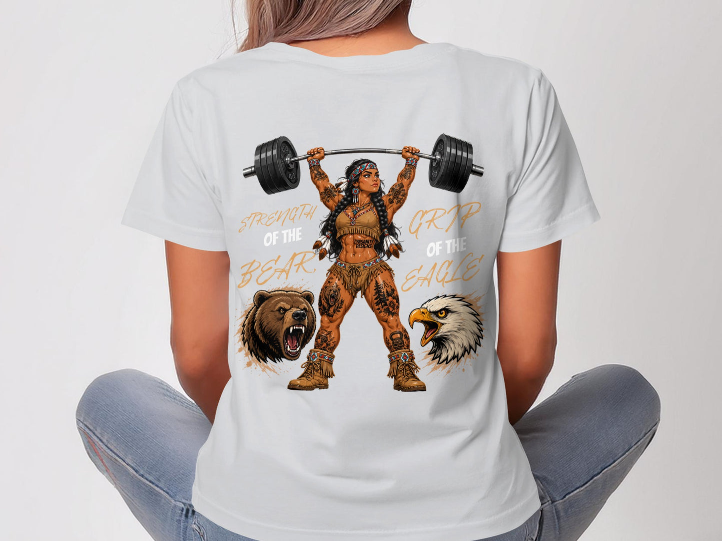 Woman lifting barbell with bear and eagle graphics, "Strength of the Bear, Grip of the Eagle" text.
