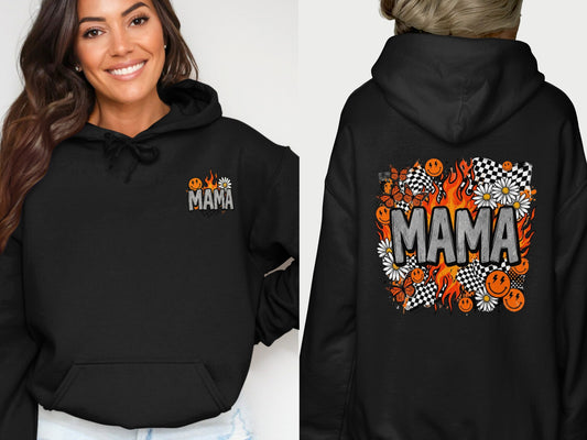 Black hoodie with "MAMA" in flames, butterflies, flowers, and smiley faces.