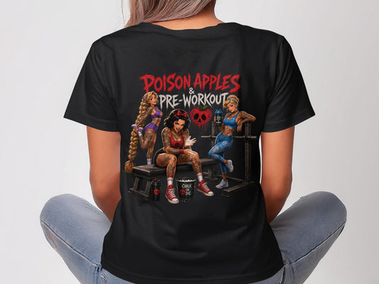 Women in t-shirt with "Poison Apples & Pre-Workout" graphic, lifting weights.