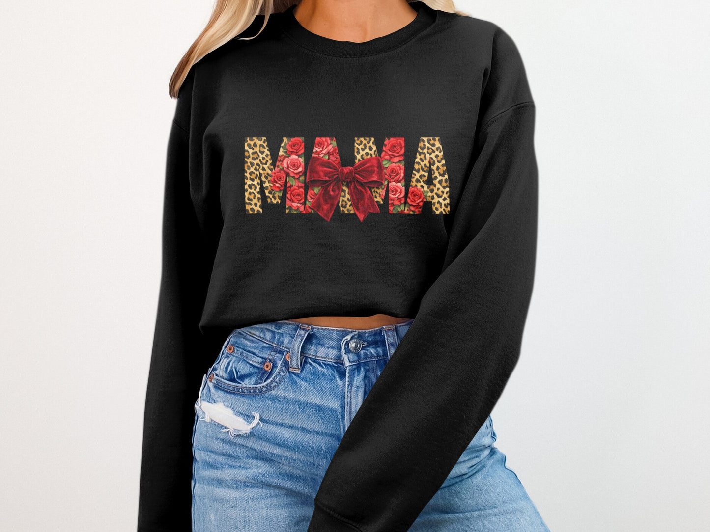Black sweatshirt with "MAMA" in leopard print, roses, and bow.