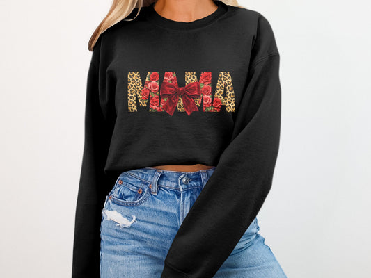 Black sweatshirt with "MAMA" in leopard print, roses, and bow.