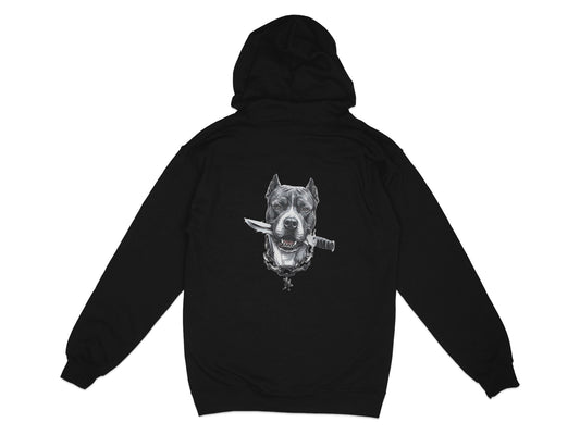 Black hoodie with a graphic of a dog holding a knife in its mouth.