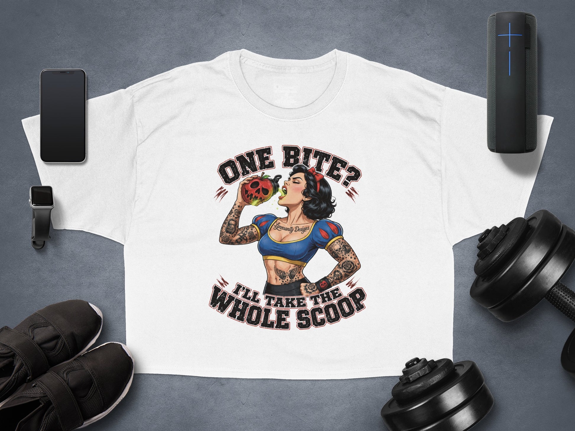 T-shirt with Snow White eating an apple and text "ONE BITE? I'LL TAKE THE WHOLE SCOOP."