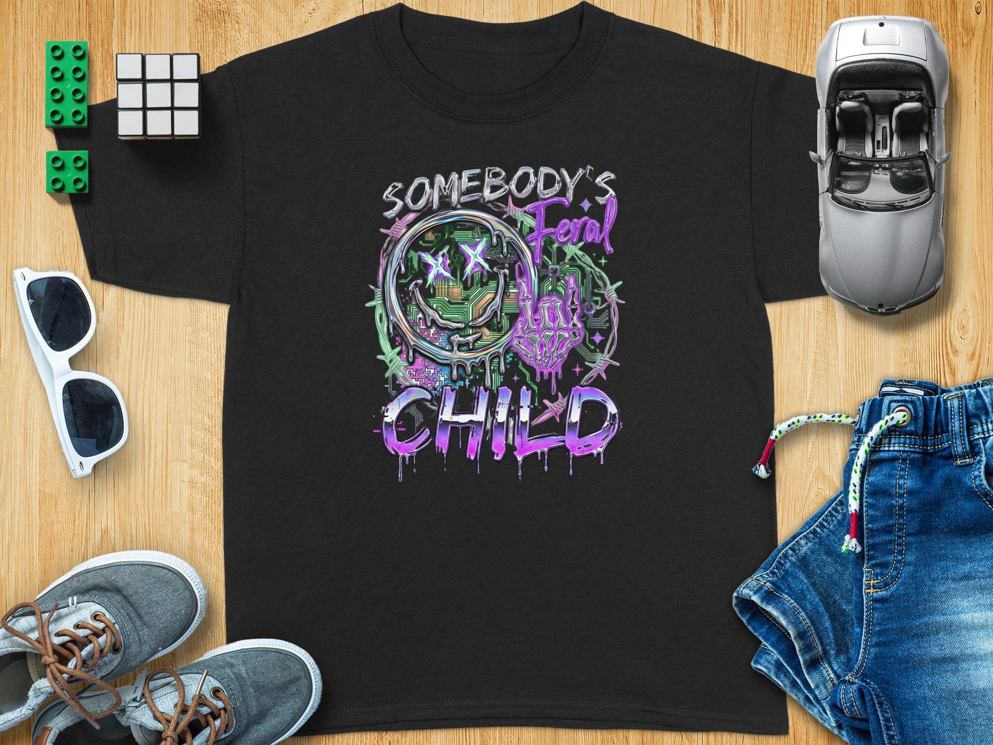 Somebody's Feral Child Neon Cyberpunk Smiley T-shirt product type
