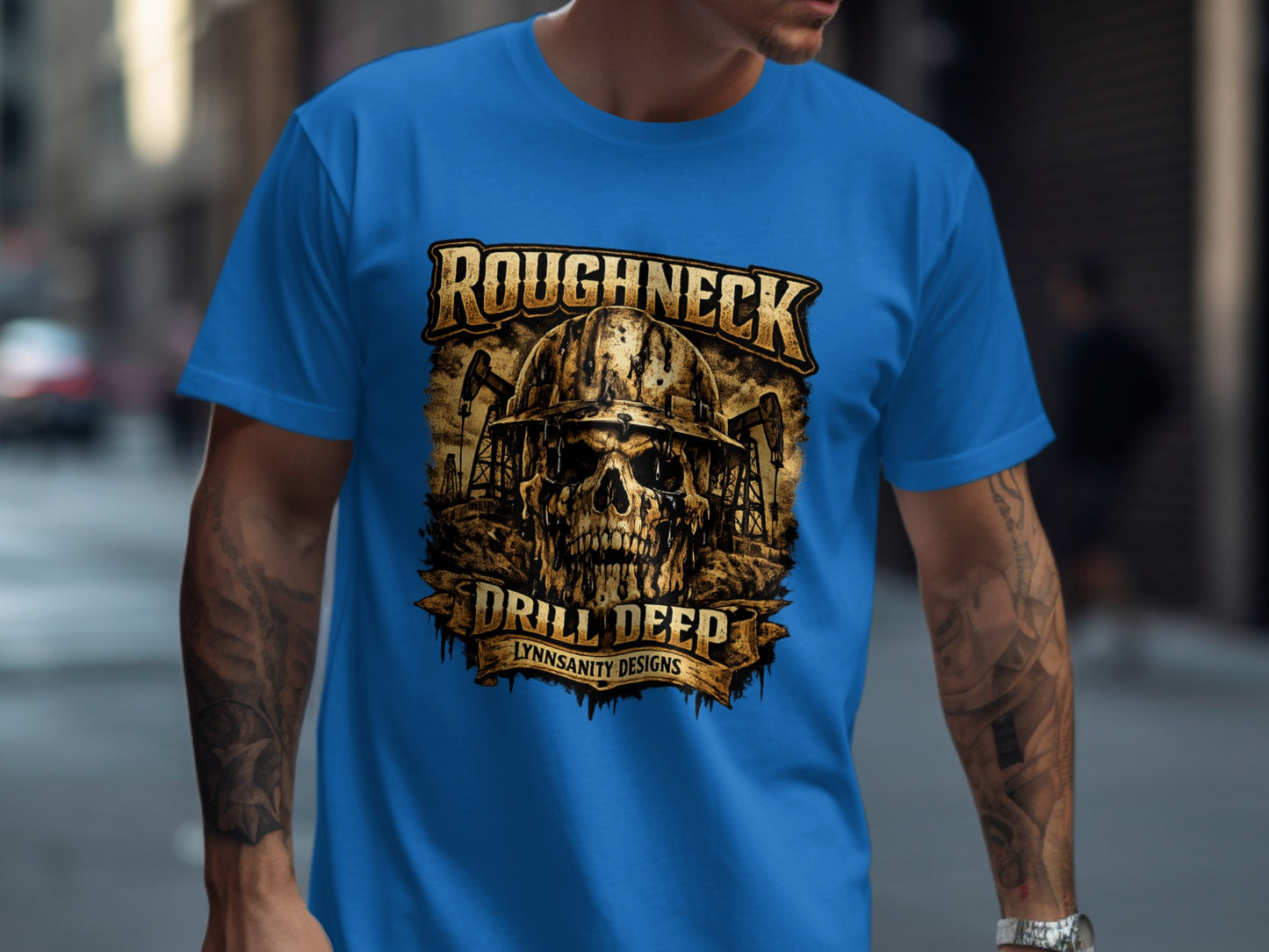 Roughneck Drill Deep t-shirt with skull and oil rigs graphic.