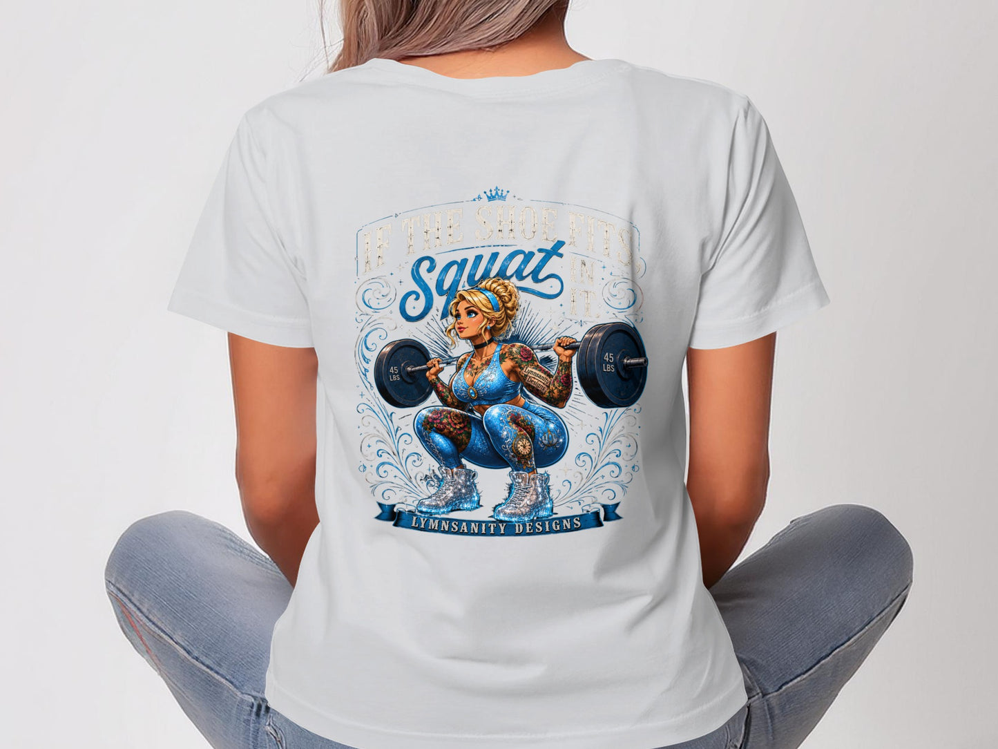 Woman in blue outfit lifting a barbell, with "OF THE SHOP LIFTING" text.