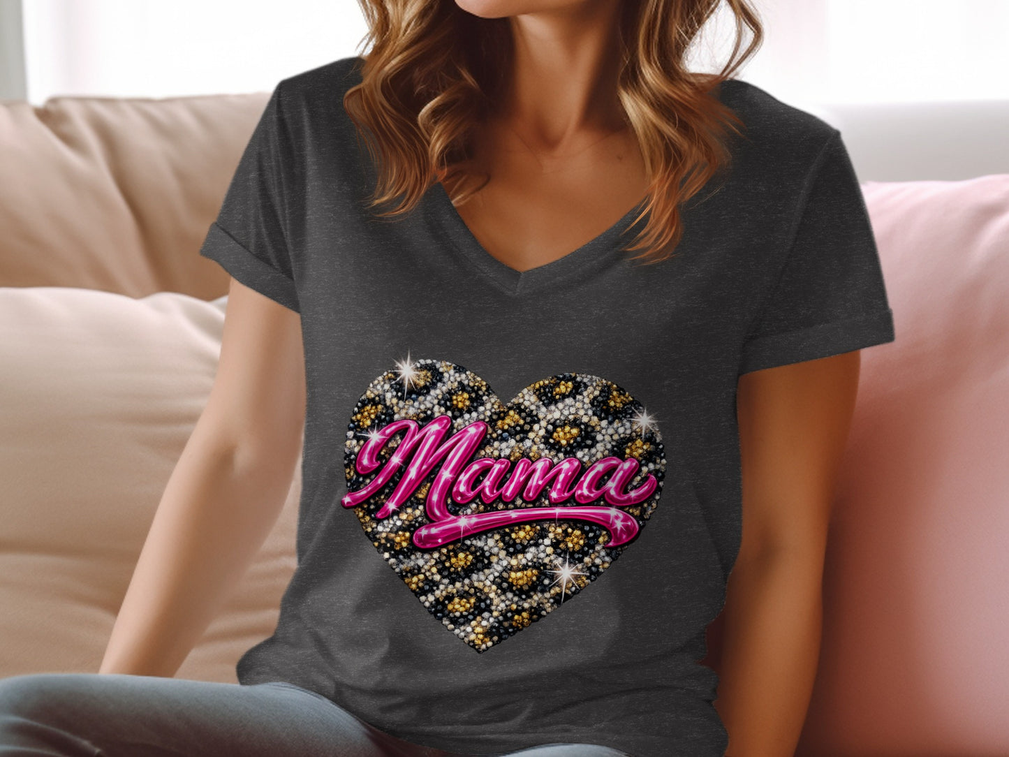 Dark gray v-neck t-shirt with a sparkly heart featuring "Mama" text.