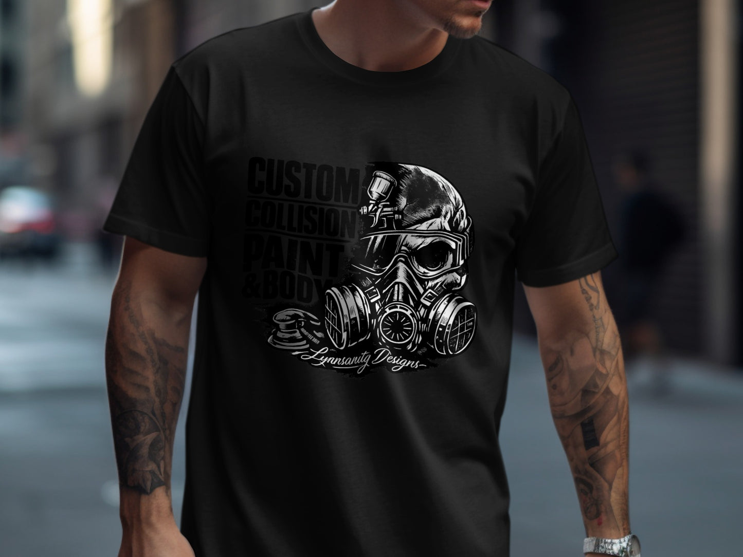 Black t-shirt with skull wearing a gas mask and airbrushing equipment graphic.
