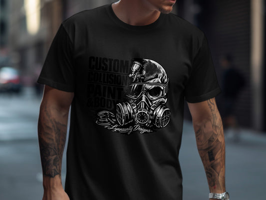 Black t-shirt with skull wearing a gas mask and airbrushing equipment graphic.