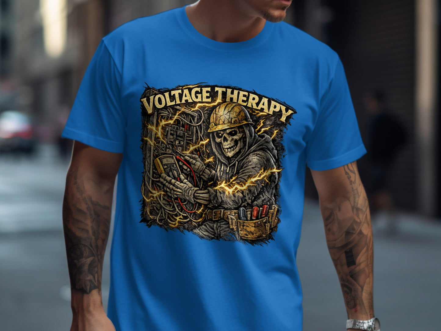 Skeleton in hard hat with tools and electrical wiring on a blue t-shirt.