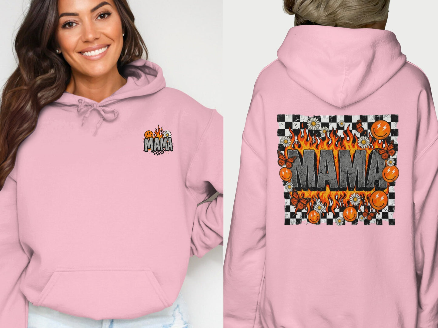 Pink hoodie with "MAMA" in fiery letters and checkered flag graphic.