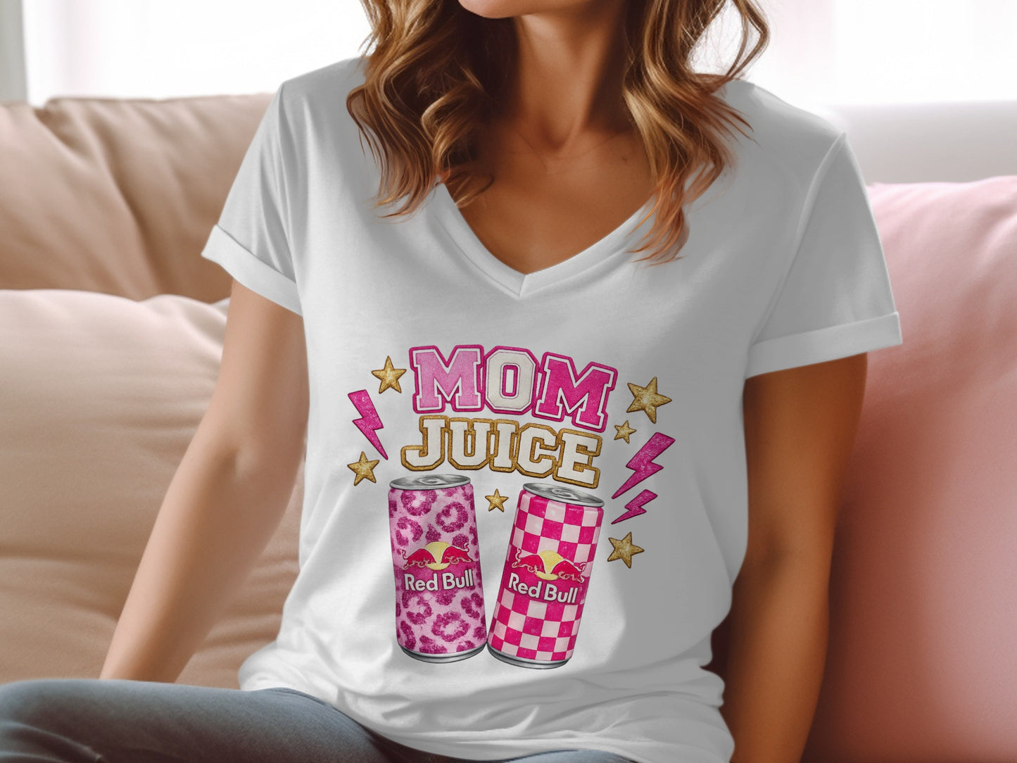 White v-neck t-shirt with "Mom Juice" and two Red Bull cans.